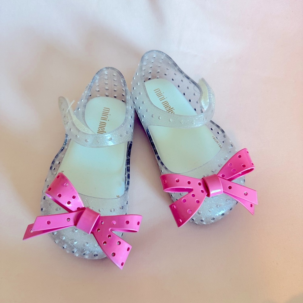 Mini Melissa jelly shoes clear with pink bow EUC